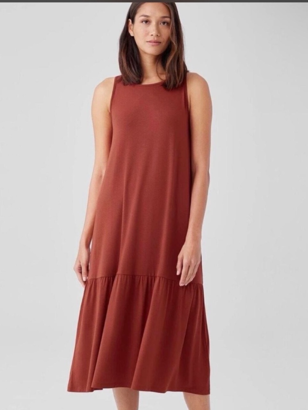 Eileen Fisher XL Fine Jersey Tiered Midi Dress Picante Orange $198